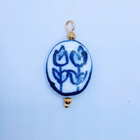 China Blue Flower Charm-Oval
